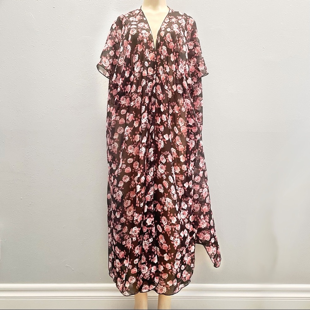 FOREVER 21 Black with Rose print Chiffon maxi robe cover up open front